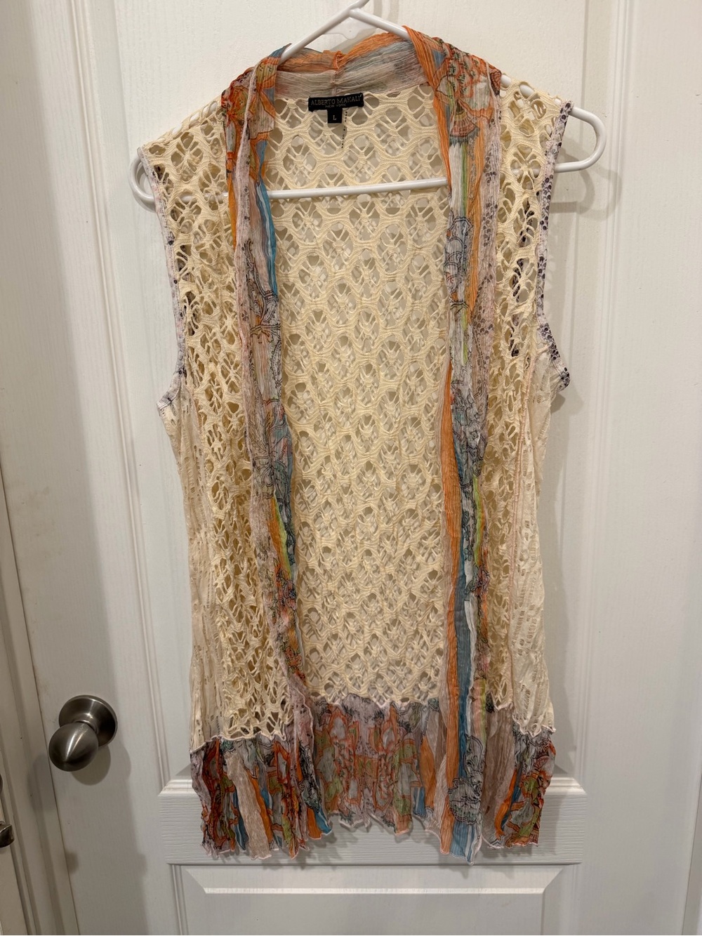 Alberto Makali Cream Crochet Open-Front Vest with Multicolor Trim